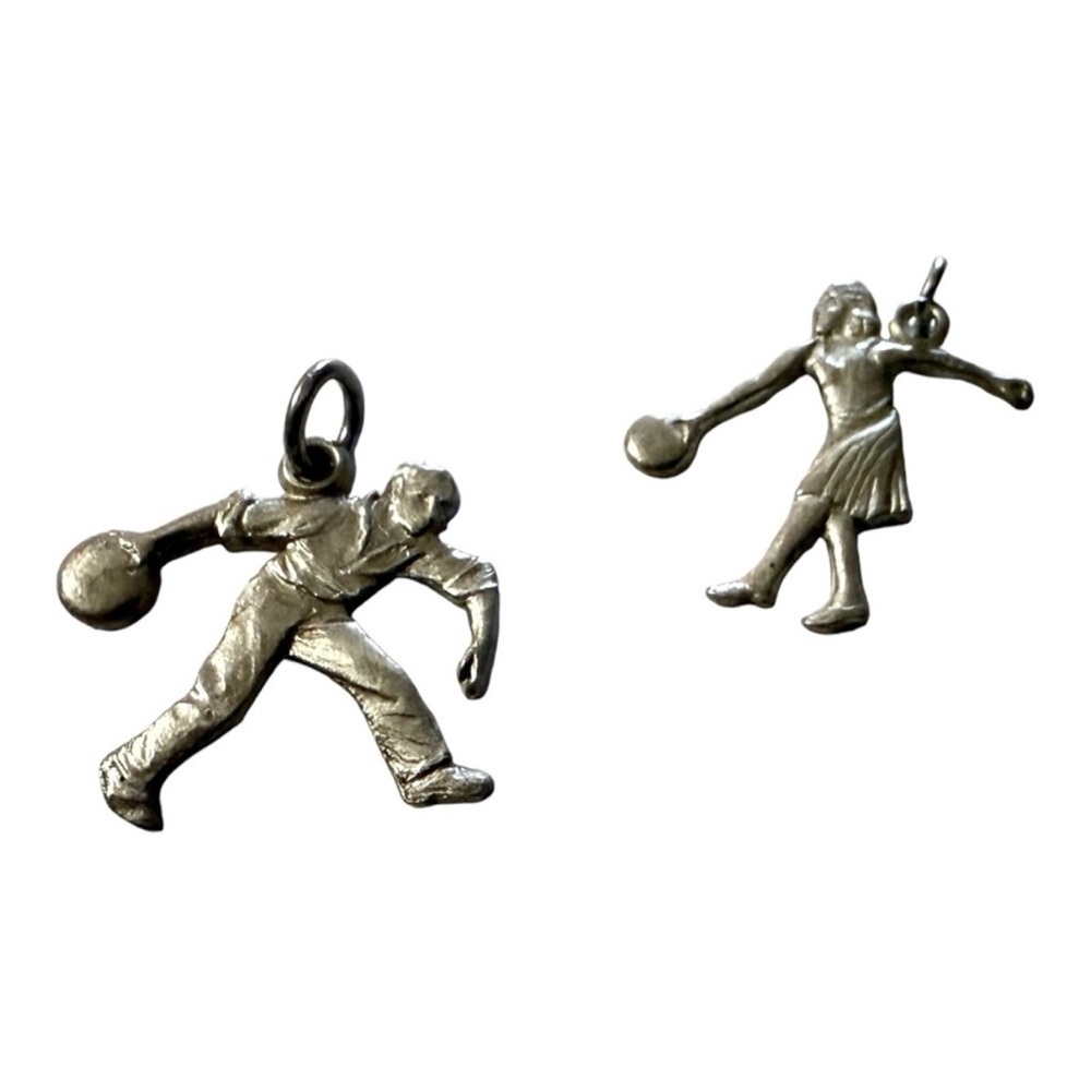 1950’s Vintage Sterling Silver Bowling Player Man & Woman Charms, Set, Signed